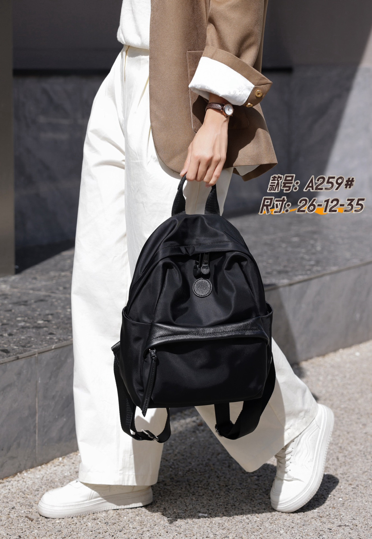 欧货2024新款双肩包女休闲百搭牛津布背包通勤旅行包包配头层牛皮