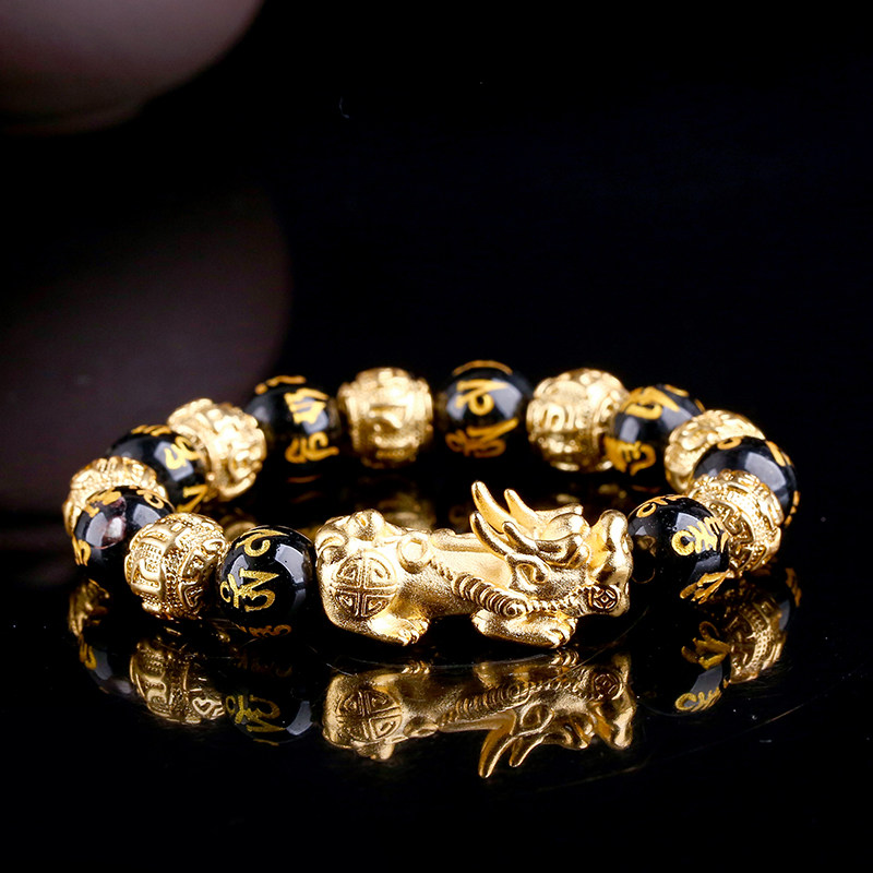 2021黑曜石貔貅手链男越南沙金3D硬黄金皮丘玛瑙手串女礼物首饰品