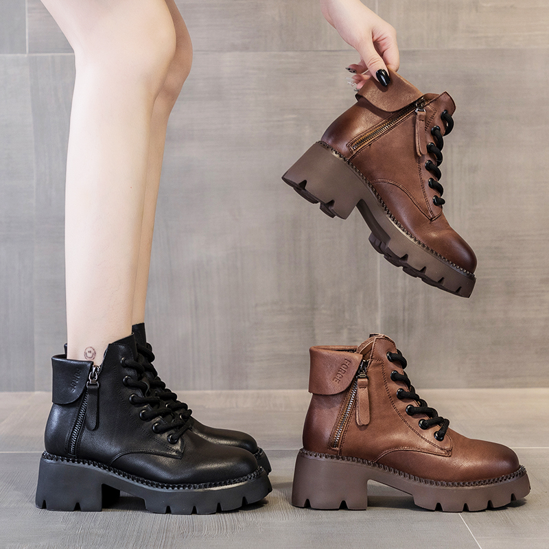 真皮马丁靴女英伦风秋冬厚底百搭复古加绒小个子增高帅气显瘦短靴