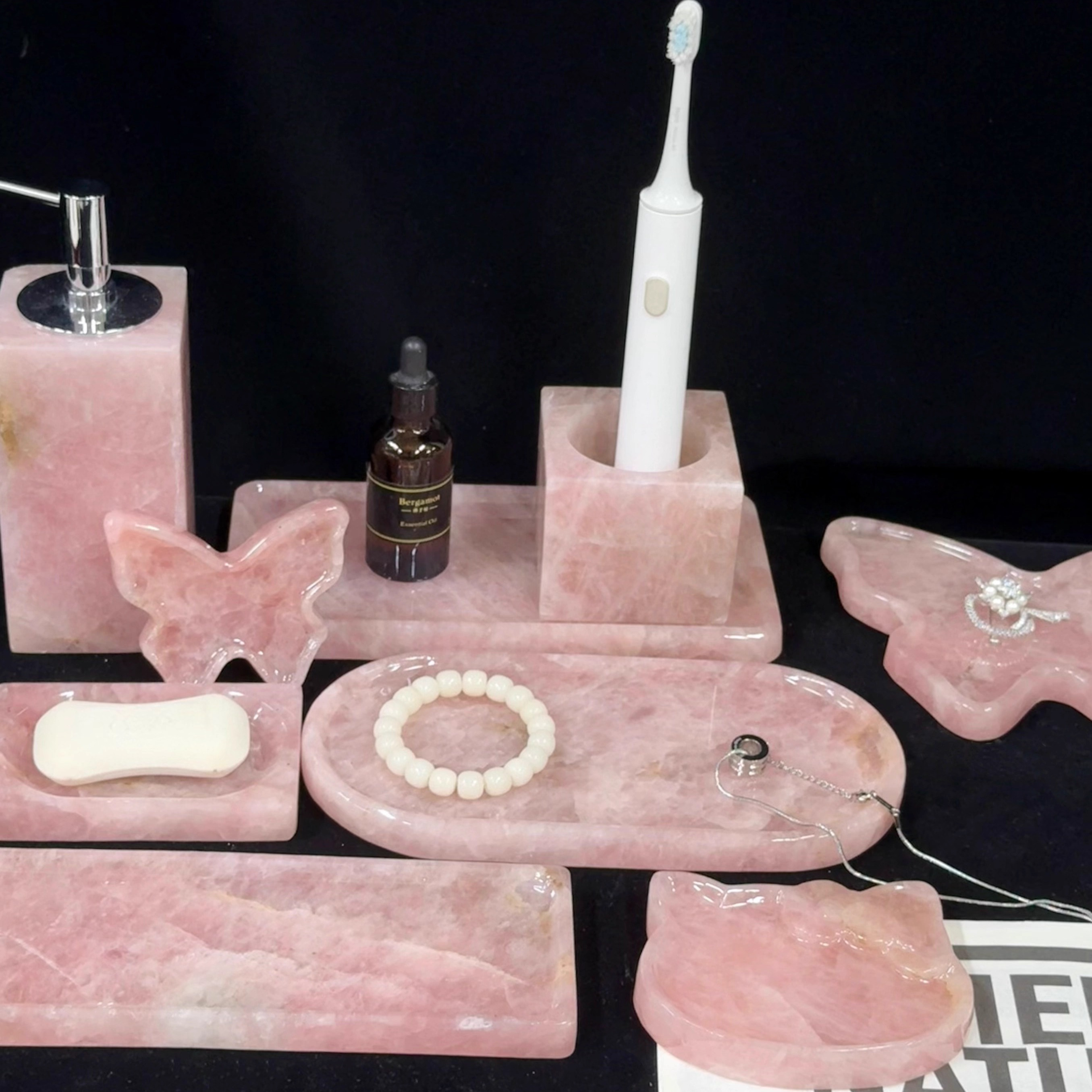 粉水晶天然大理石托盘装饰摆件