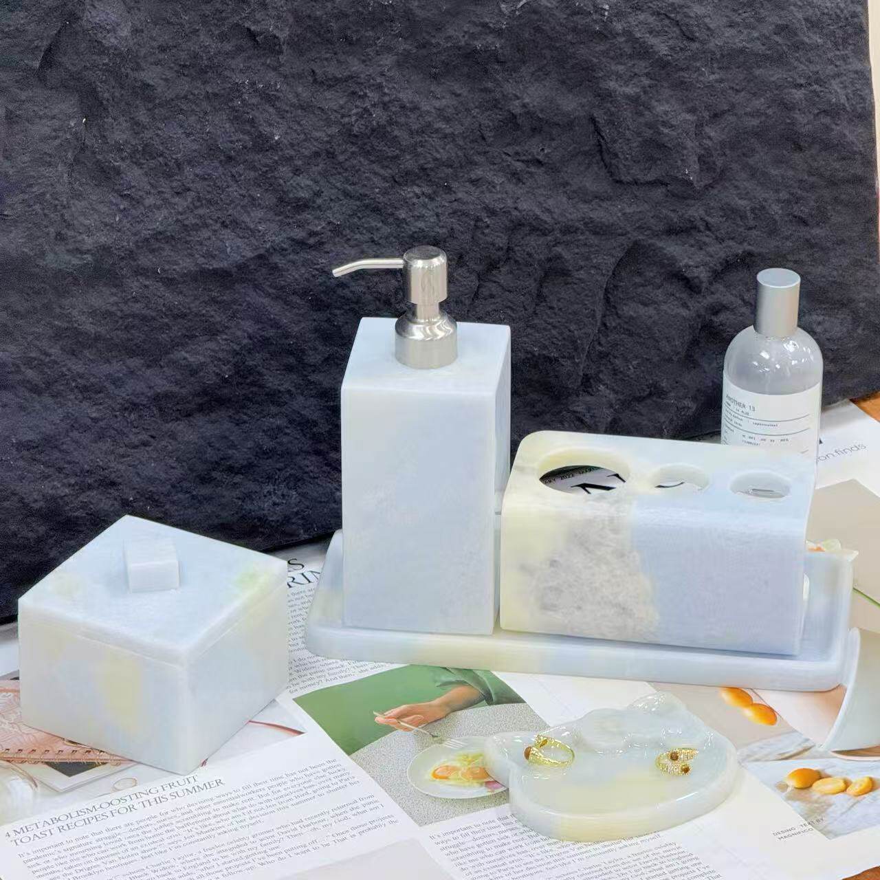 梦幻蓝水晶大理石高级感装饰托盘