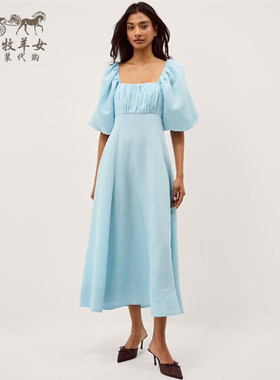 英国Monsoon代购 女装26春新款 蓝色方领短袖礼服中长裙连衣裙子