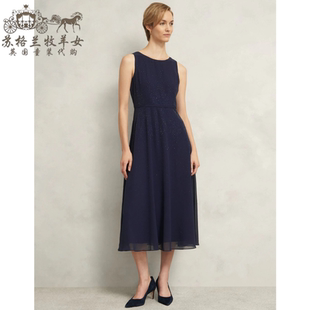 蓝色无袖 26春夏新 雪纺礼服裙中长裙连衣裙子 女装 英国Hobbs代购