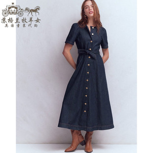 英国Boden代购 女装26春新款 蓝色纯棉短袖牛仔裙中长裙连衣裙子