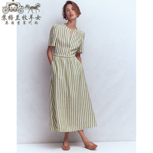 英国Boden代购 女装26春新款 英伦条纹亚麻短袖A字中长裙连衣裙子