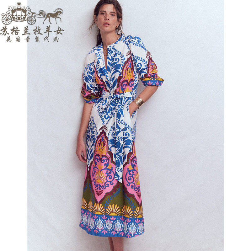 英国Boden代购 女装26春夏新款 英伦印花长袖中长衬衫裙连衣裙子