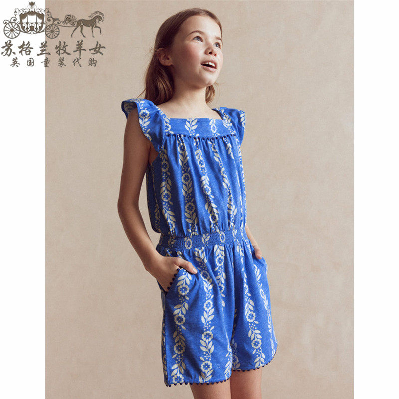 英国mini Boden童装代购 女童26春夏新 蓝色碎花吊带连身裤短裤子