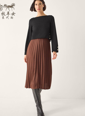 英国Monsoon代购 女装26春新款 英伦棕色长袖百褶中长裙连衣裙子