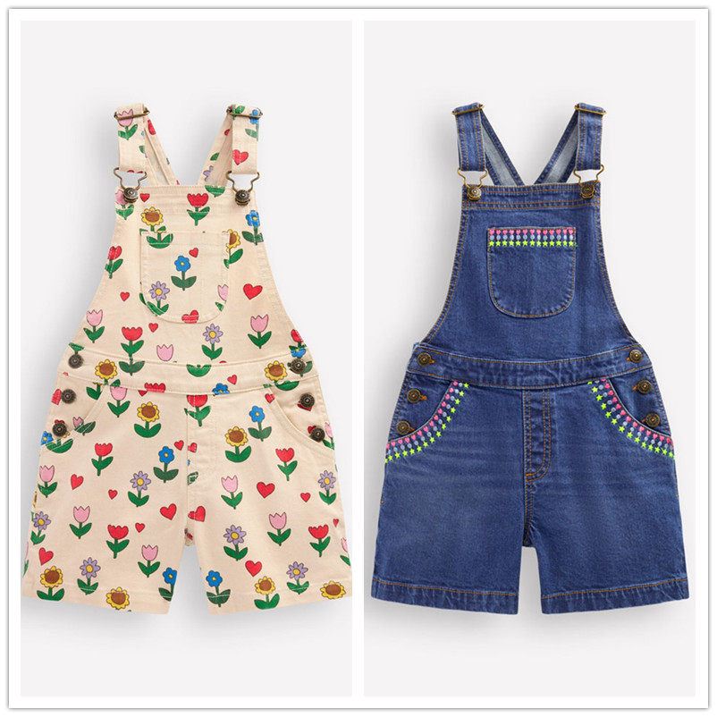 英国mini Boden童装代购 女童26春新款 绣花条纹牛仔背带裤短裤子