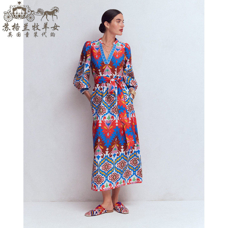 英国Boden代购 女装26春夏新款 英伦印花 长袖V领 中长裙连衣裙子