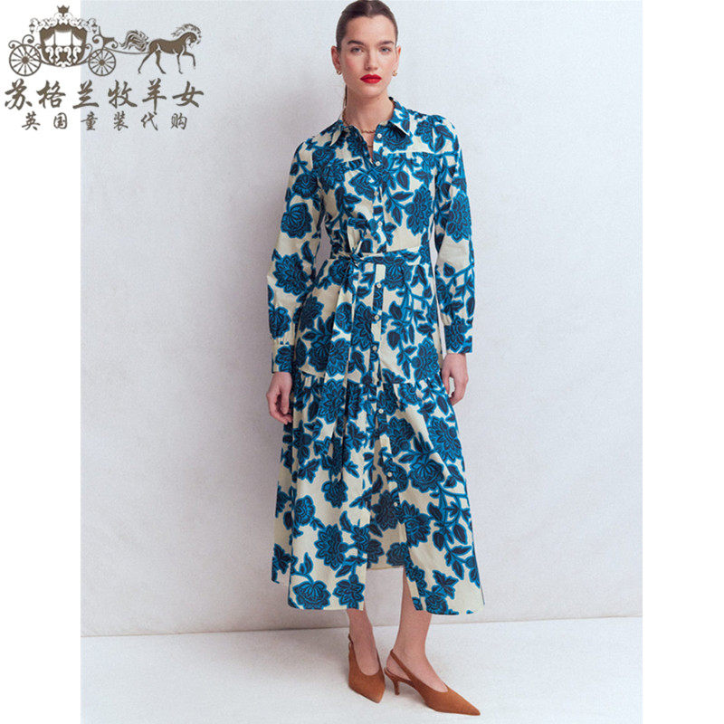 英国Boden代购 女装26春夏新款 蓝色印花长袖中长衬衫裙连衣裙子