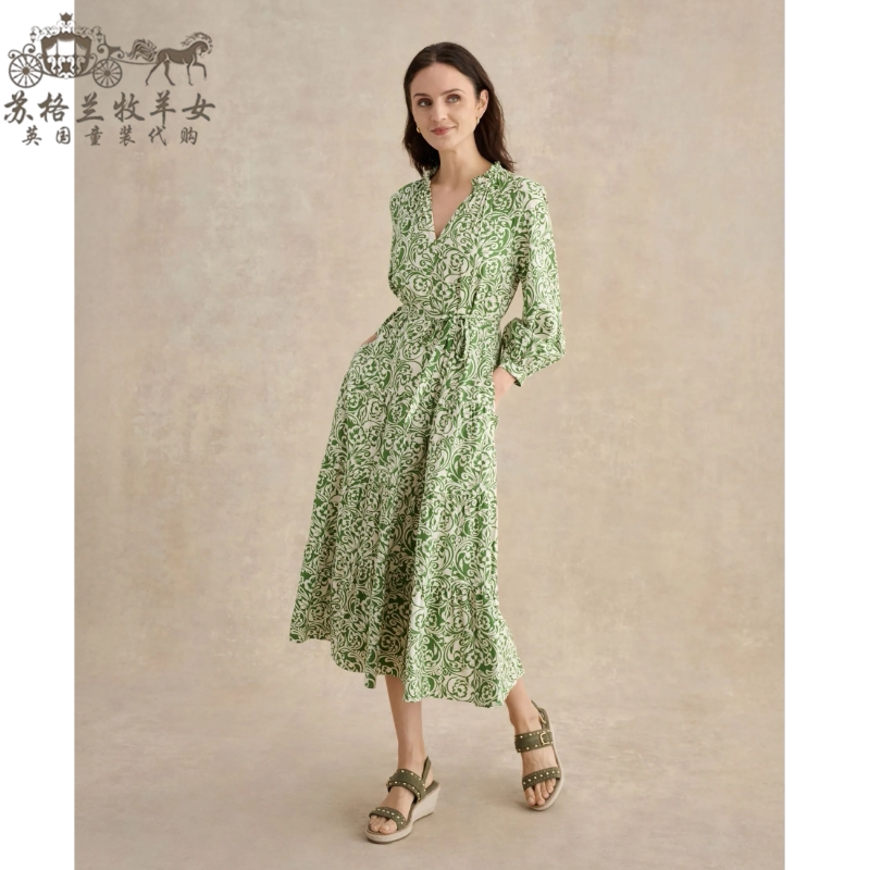 英国Hobbs代购 女装26春夏新款 绿色印花长袖收腰中长裙连衣裙子