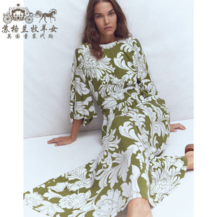 英国Boden代购 女装26春新款 复古印花中袖收腰A字长裙连衣裙子