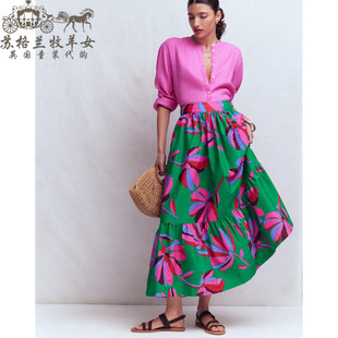 绿色碎花纯棉 26春夏新款 百搭半身裙中长裙子 女装 英国Boden代购