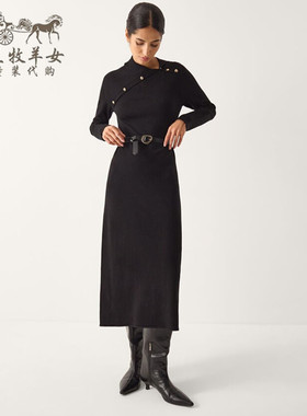 英国Monsoon代购 女装26春新款 黑色修身长袖针织中长裙连衣裙子