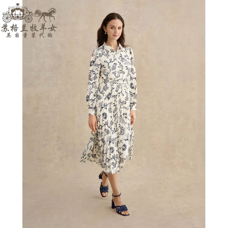 英国Hobbs代购 女装26春夏新款 英伦印花长袖中长衬衫裙连衣裙子