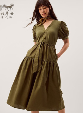 英国Monsoon代购 女装26春夏新款 绿色绣花短袖V领中长裙连衣裙子