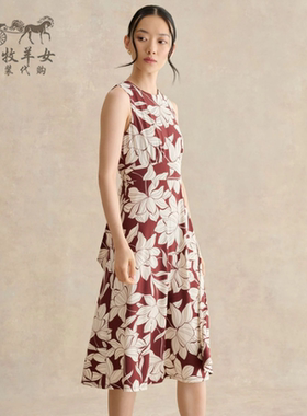 英国Hobbs代购 女装26春夏新款 棕色印花无袖收腰中长裙连衣裙子