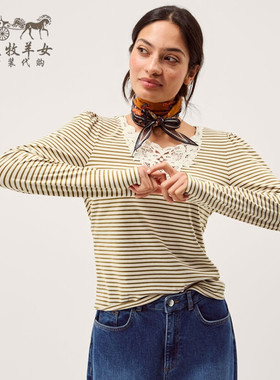 英国Monsoon代购 女装26春新款 英伦蕾丝条纹百搭长袖打底T恤上衣