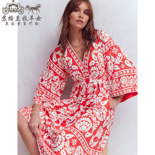 英国Boden代购 女装26春新款 红色碎花长袖V领中长裙裙连衣裙子