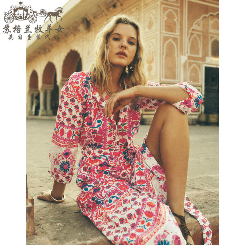 英国Boden代购 女装26春夏新款 粉色印花纯棉长袖 中长裙连衣裙子