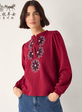 英国Monsoon代购 女装26春新款 英伦红色绣花百搭长袖T恤衬衫上衣