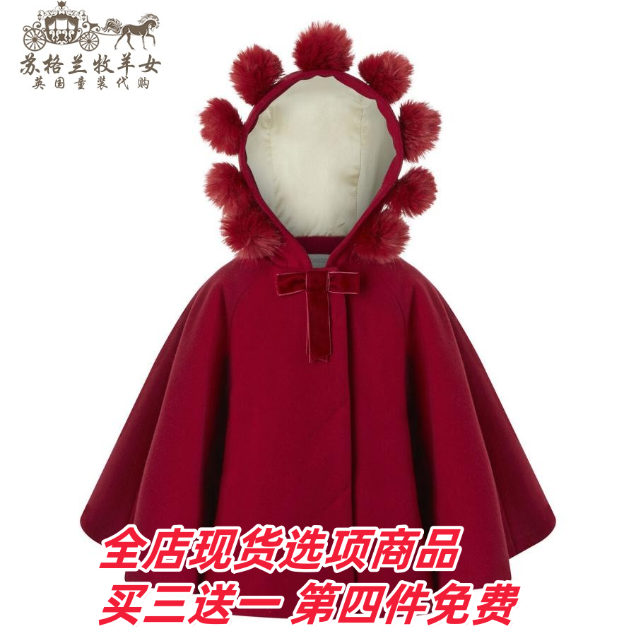 现货monsoon童装女童新款 红色 圣诞 新年 毛球 斗篷 披风 呢大衣