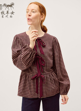 英国Monsoon代购 女装26春新款 蝴蝶结格子百搭长袖T恤衬衫上衣