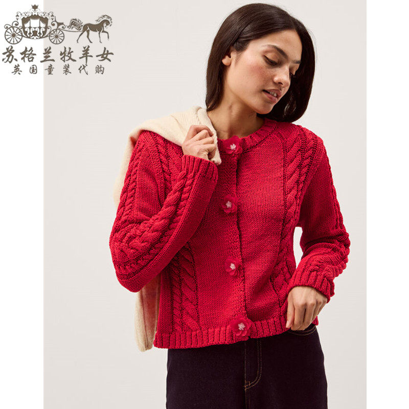 英国Monsoon代购 女装26春新款 红色麻花辫 百搭长袖毛衣针织开衫