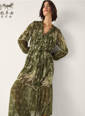 英国Monsoon代购 女装26春新款 波西米亚印花长袖中长裙连衣裙子