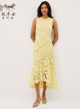 英国Monsoon代购 女装26春夏新款 黄色蕾丝无袖礼服中长裙连衣裙