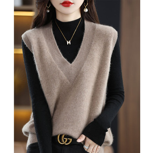 2025年新款100%羊毛马甲背心女外穿V领针织打底羊绒毛衣坎肩上衣