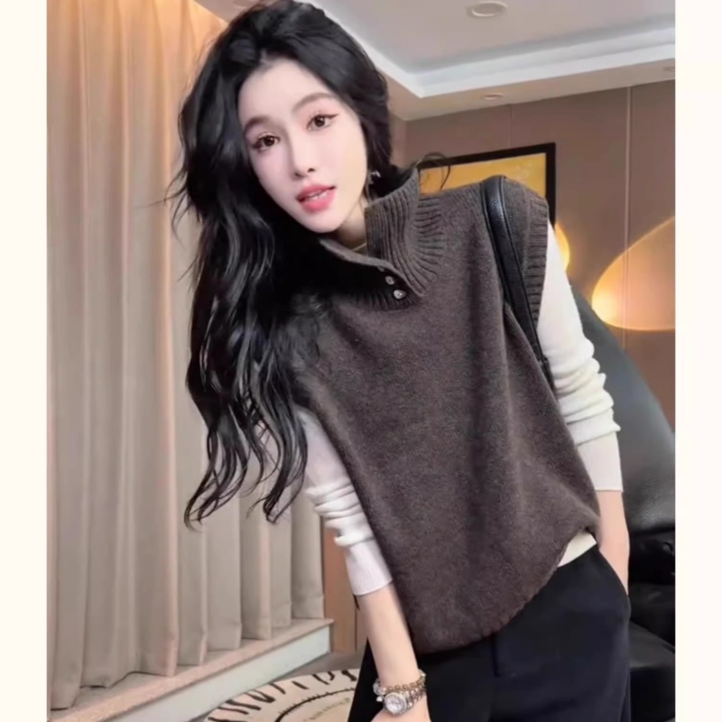 法式外穿半开高领针织衫马甲