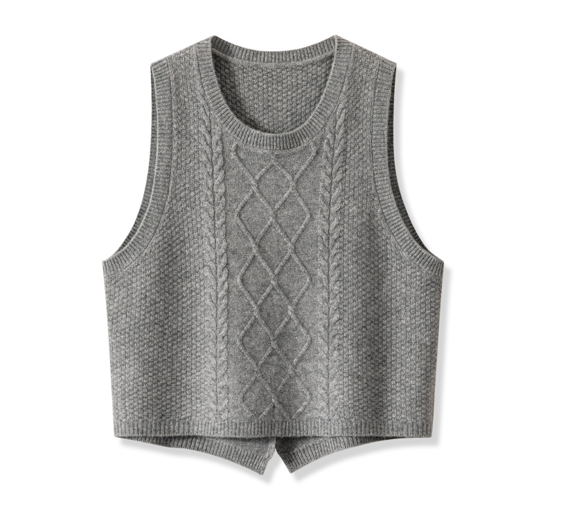 扭花马甲纯羊毛燕尾后开叉圆领