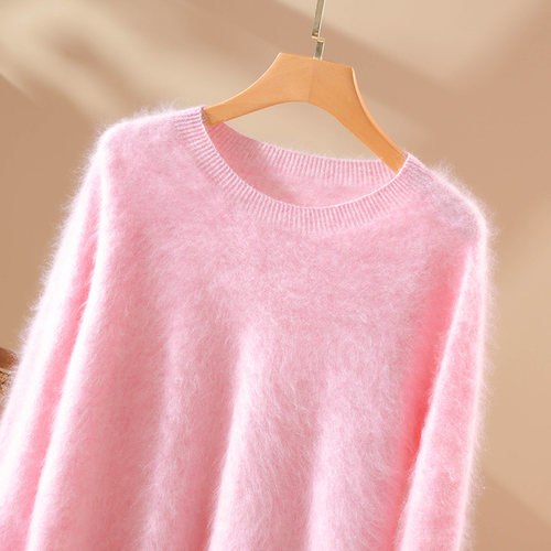 秋冬款100%纯羊毛衫女圆领拉绒