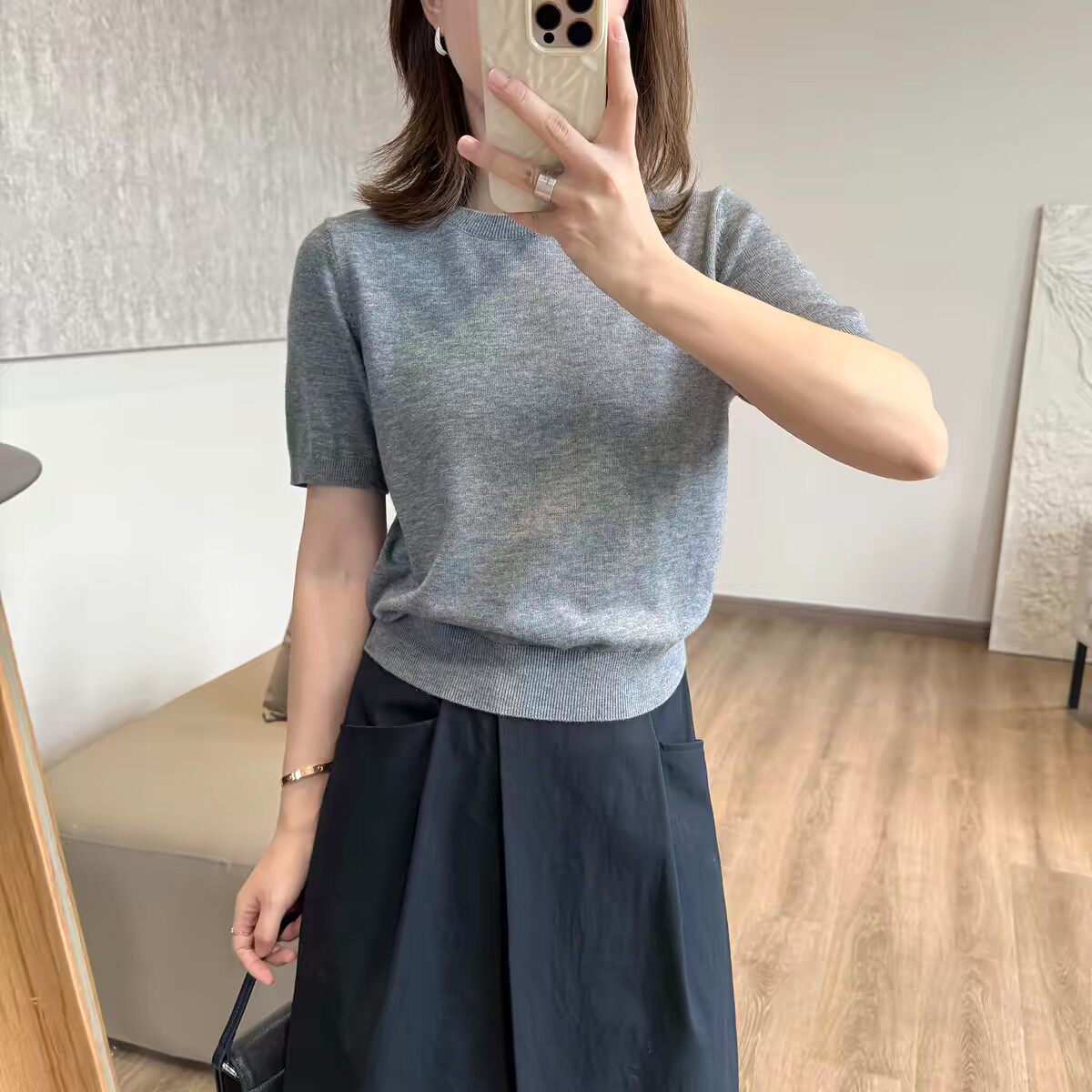 夏季纯棉短袖女薄款显瘦针织衫图片
