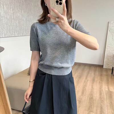 夏季纯棉短袖女薄款显瘦针织衫