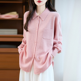 春秋新款 宽松休闲毛衣外套外搭上衣薄 100%纯羊毛女POLO领针织开衫