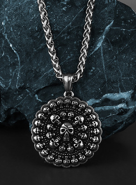 复古骷髅鬼头圆形钛钢吊坠欧美男士时尚个性嘻哈不锈钢吊坠项链