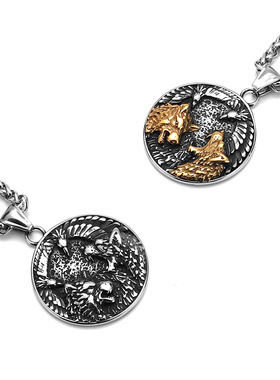 欧美风维京间金双狼乌鸦钛钢吊坠男士时尚个性不锈钢吊坠项链饰品