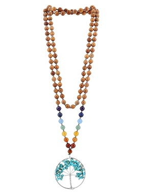 红豆杉木配天然水晶碎石生命树吊坠项链 108颗珠子水晶七色轮项链