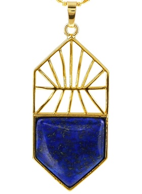 天然水晶石头合金镂空吊坠复古简约几何形金色边框水晶石项链吊坠