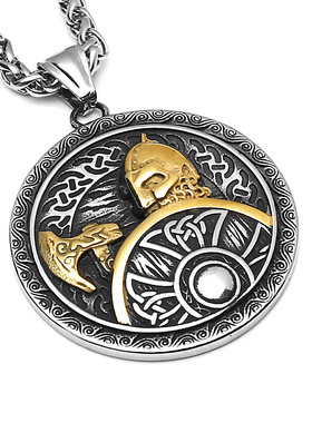 维京战士斧头盾钛钢吊坠欧美嘻哈男士个性时尚不锈钢吊坠项链
