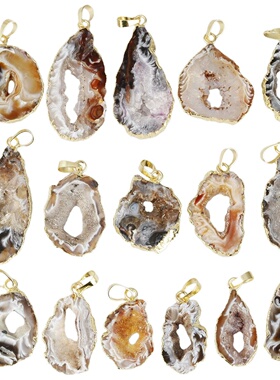 天然玛瑙原石晶洞镀金包边吊坠 欧美时尚个性不规则晶洞项链吊坠
