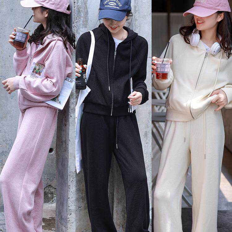 伴夏小个子休闲运动套装女秋季款时尚针织连帽外套卫衣卫裤两件套