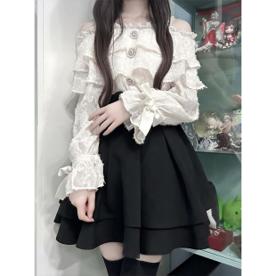 黑色高腰短裙套装 清楚系蕾丝拼接露肩蝴蝶结上衣 女 新款 2025秋季