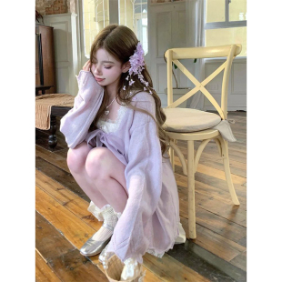 收腰显瘦吊带长裙两件套 温柔甜美蕾丝拼接针织上衣 春季 新款