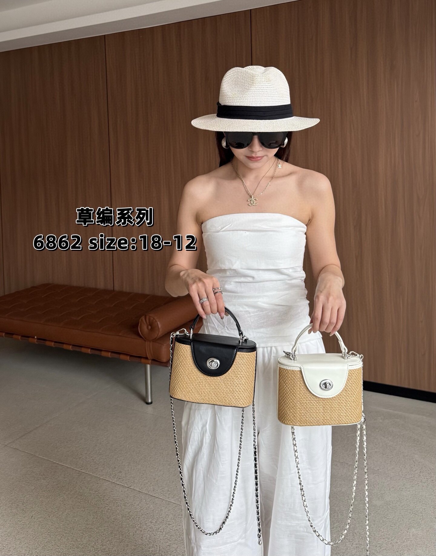 草席编拼接女包2026新款时尚欧美链条高级感百搭通勤斜挎小盒子包