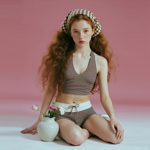 anqinwind分体泳衣女两件套格子印花挂脖露背泡温泉度假拍照泳装