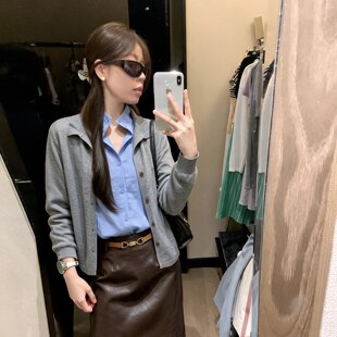 曾小咸 韩系翻领假两件针织衫女早秋简约松弛感外搭短款拼接上衣